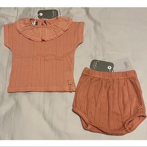 NEW Tocoto Vintage Pink Coral Pointelle Ruffle Collar and Bloomer Set, 9 months